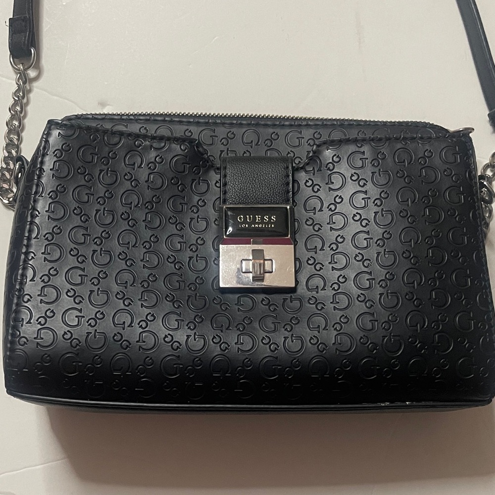 GUESS Black Embossed Logo Crossbody with Silver Hardware